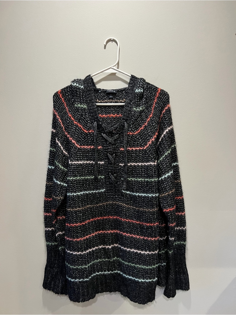 torrid Black Striped Lace-Up Turtleneck Sweater with Multicolor Accents